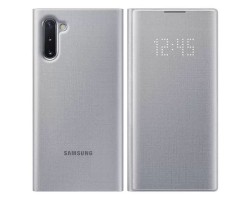 Samsung Galaxy Note 10 (SM-N970F), SAMSUNG tok álló (aktív FLIP, oldalra nyíló, kártyazseb, LED kijelzés, textil minta) EZÜST EF-NN970PSEGWW